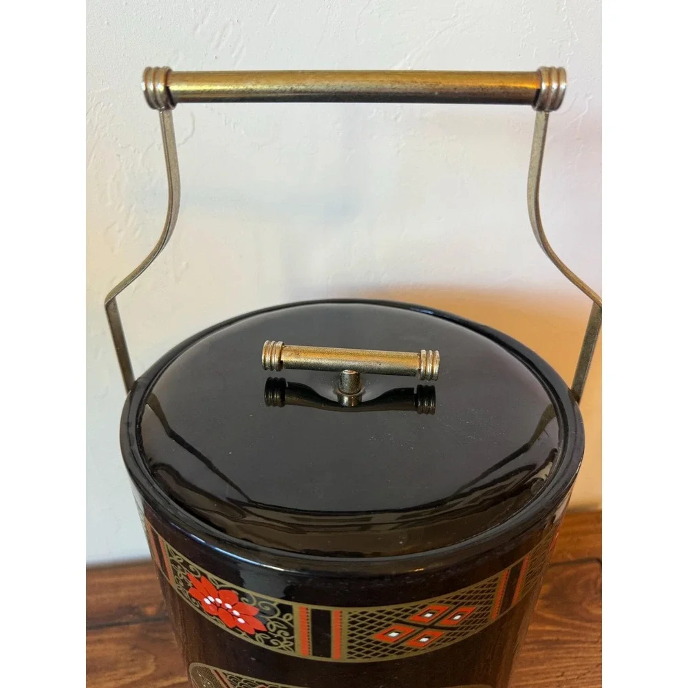 Vintage Chinoiserie Ice Bucket Faux Bamboo Handle Red and Black Intricate Design